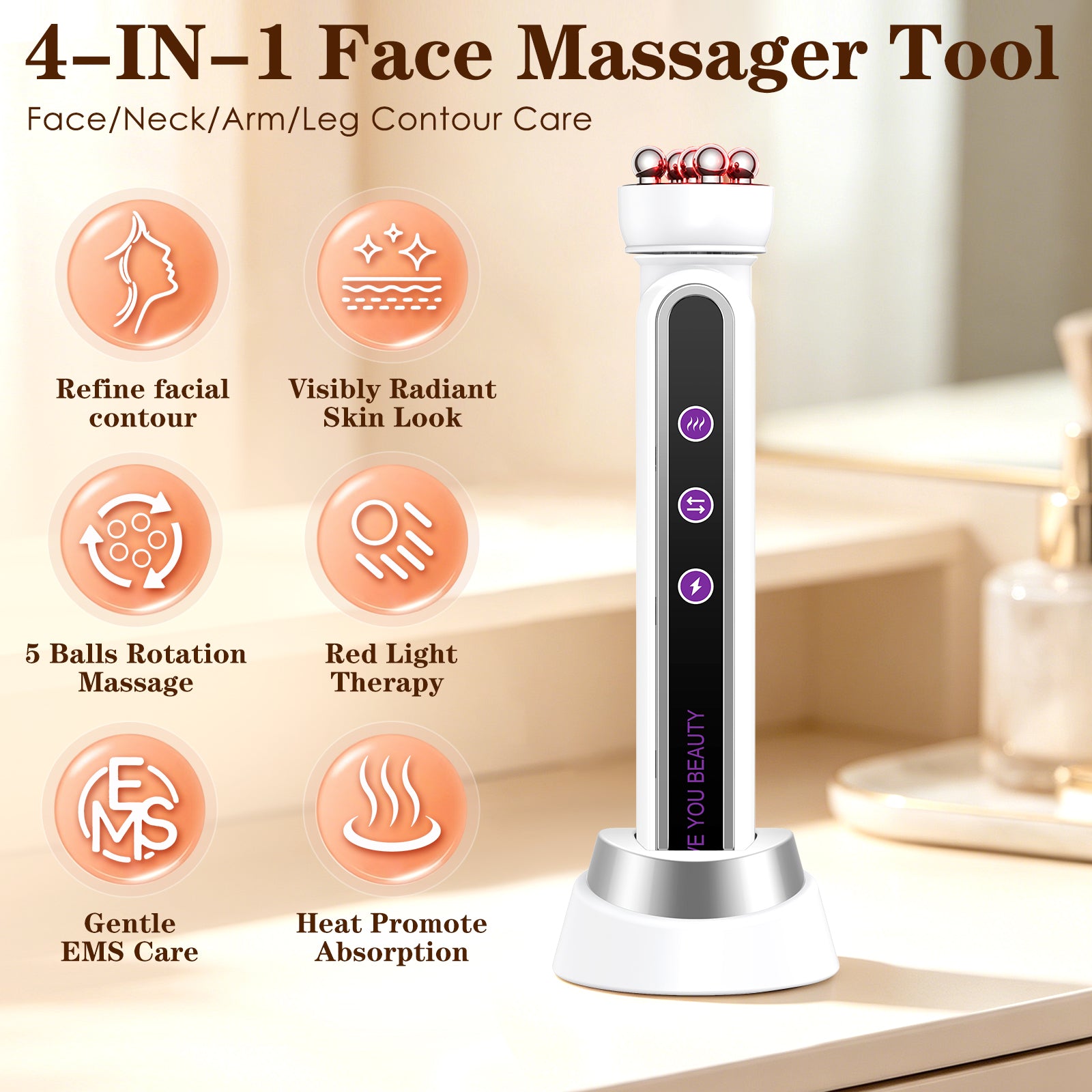 Electric 360° Rotating Face & Body Massager-5D Microcurrent Facial Device with Heat & Red Light Therapy, Face Lifting & Skin Toning Tool, Promote Skincare Absorption