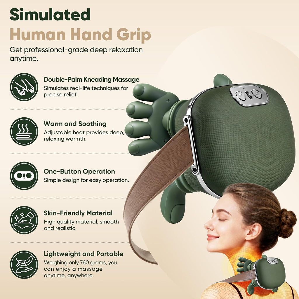 Neck Massager With Heat-Wireless Portable Shiatsu Neck and Shoulder Deep Tissue 4D Kneading Back Massage With Fingers,Simulated Human Hand Design Muscle Relax Hand Massager For Fathers Mothers Day Gifts
