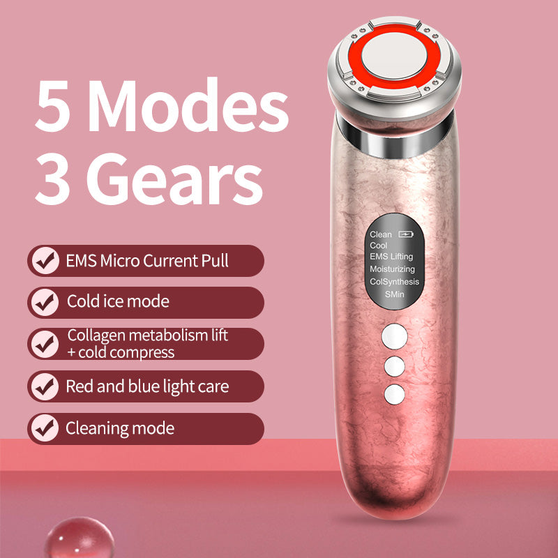 5 in 1 Micro Current Facial Massager Tool EMS RED Blue Light Therapy Hot Cold Treatment Anti-Aging Skin Tightening Rejuvenation Home Use Deep Clean Skin Care Beauty Eqipment