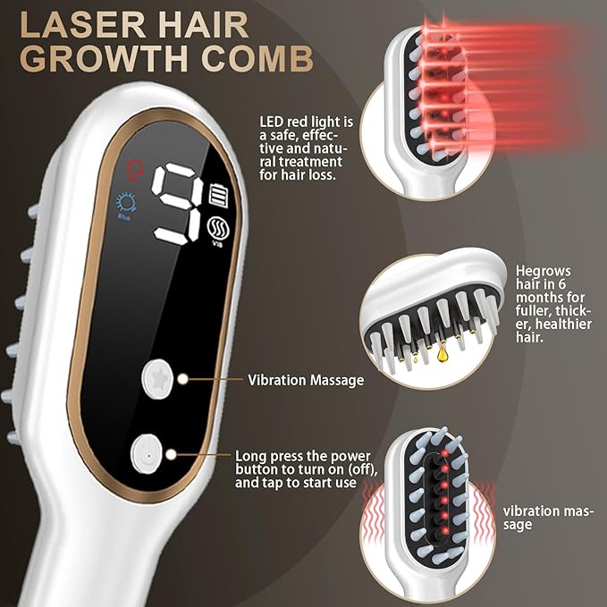 Laser Hair Growth Comb - Laser Light Therapy for Hair Growth, Handheld Scalp Laser Device for Thicker, Healthier Hair, Medical Grade Hair Loss Treatment Regrows Fuller and Thickness, Stimulates Growth for Men & Women