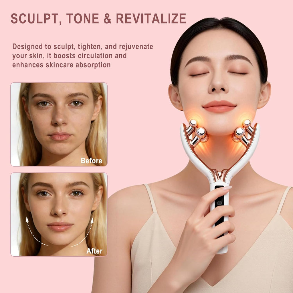 Wireless Facial Massager, 3D Roller Electric Facial Roller, Rechargeable V-Shape Sculpting & Puffiness Relief Tool, Face Roller Lymphatic Drainage for Home & Travel Use