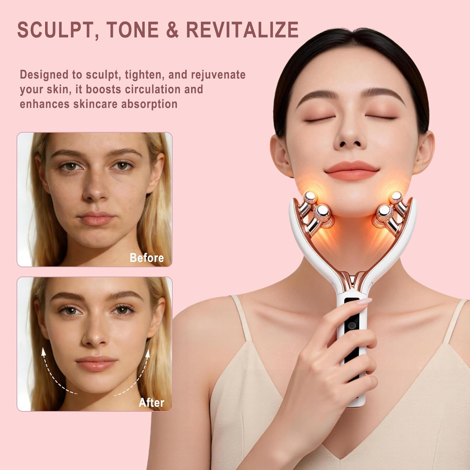 Wireless Facial Massager, 3D Roller Electric Facial Roller, Rechargeable V-Shape Sculpting & Puffiness Relief Tool, Face Roller Lymphatic Drainage for Home & Travel Use