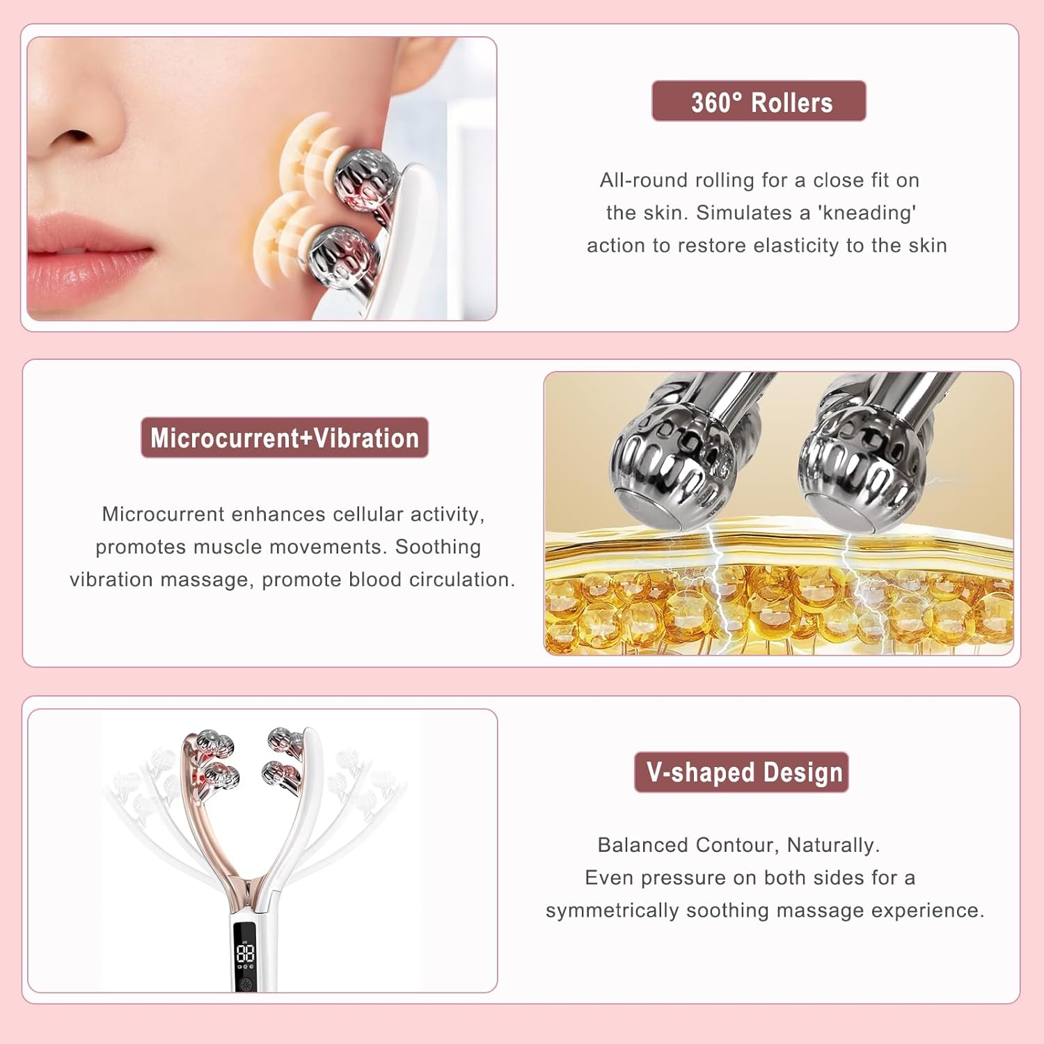 Wireless Facial Massager, 3D Roller Electric Facial Roller, Rechargeable V-Shape Sculpting & Puffiness Relief Tool, Face Roller Lymphatic Drainage for Home & Travel Use